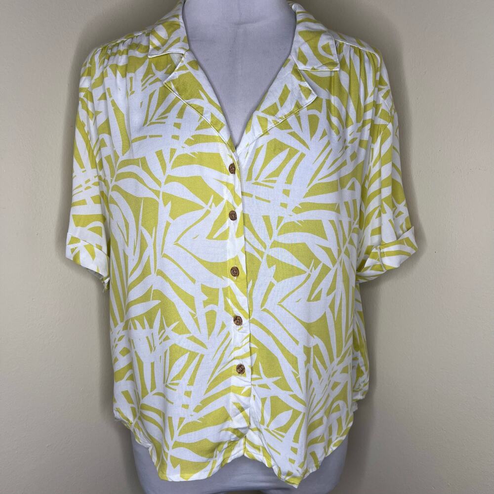 Jane + Delancey Button Up Top LARGE Tropical Yellow White Boxy Relaxed NEW Palm